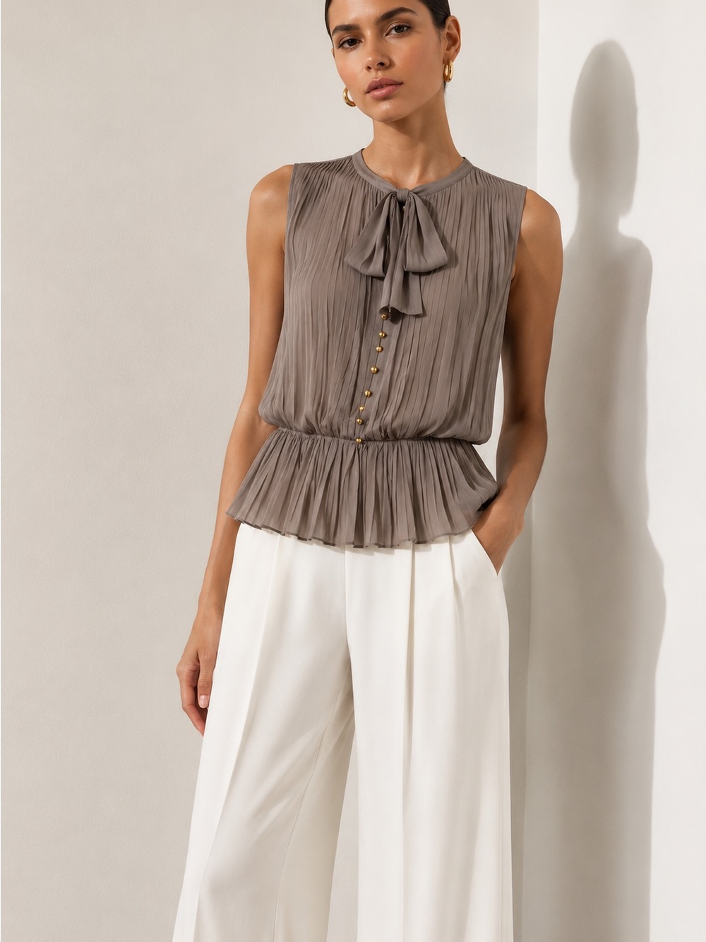 Robert Rodriguez Pleated Sleeveless Tie-Neck Silk Top in Taupe Gray NWOT 6
